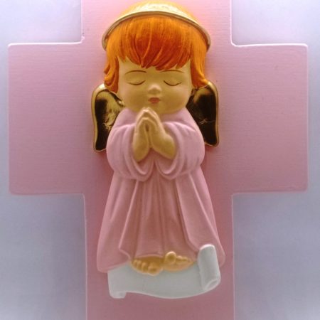 Cruz de Bautizo Angel Alas Doradas - rosado