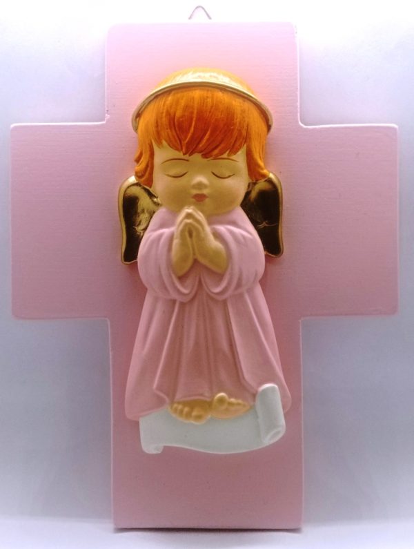 Cruz de Bautizo Angel Alas Doradas - rosado