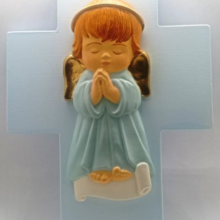 Cruz de Bautizo Angel Alas Doradas - celeste