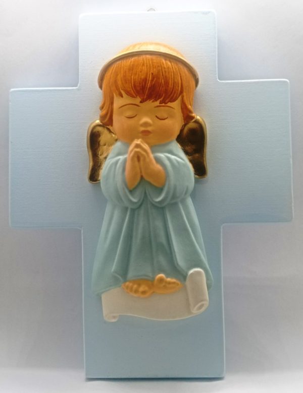 Cruz de Bautizo Angel Alas Doradas - celeste