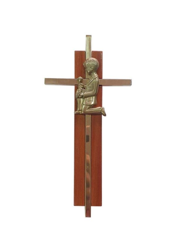 Cruz de madera y bronce primera comunion niño