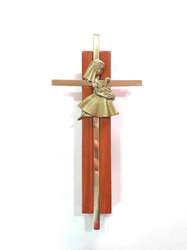 Cruz de madera y bronce primera comunión niña