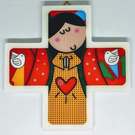 Cruz Infantil Virgen Guadalupe (rojo-amarillo) 13x13 cms.