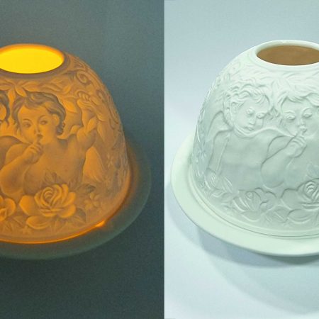 Lampara de porcelana alemana con angeles querubines